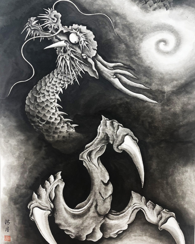 闇の中に現れる龍の爪を描いた水墨画