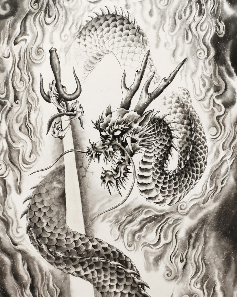 炎と剣、そして龍を描いた水墨画