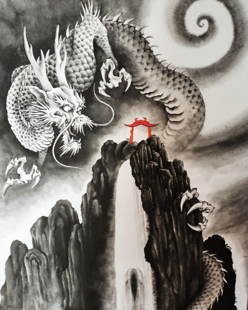 『登龍門』を描いた水墨画