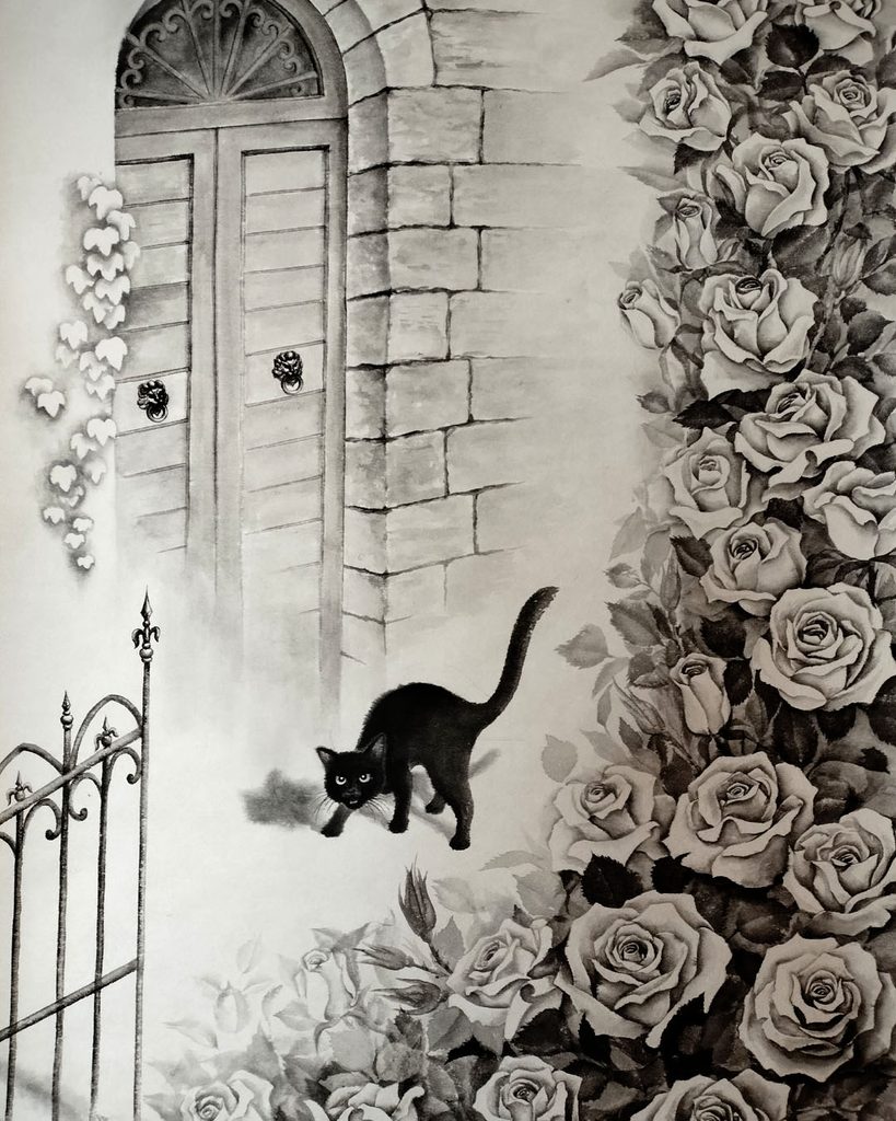 アンティークな屋敷とバラ、黒猫を描いた水墨画